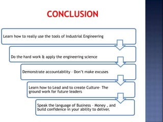 Learn how to really use the tools of Industrial Engineering
Do the hard work & apply the engineering science
Demonstrate accountability – Don’t make excuses
Learn how to Lead and to create Culture– The
ground work for future leaders
Speak the language of Business – Money , and
build confidence in your ability to deliver.
 