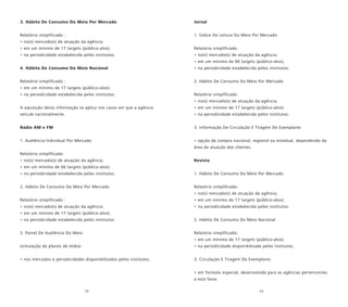 52 53
3. Hábito De Consumo Do Meio Por Mercado
Relatório simplificado :
• no(s) mercado(s) de atuação da agência;
• em um mínimo de 17 targets (público-alvo);
• na periodicidade estabelecida pelos institutos.
4. Hábito De Consumo Do Meio Nacional
Relatório simplificado :
• em um mínimo de 17 targets (público-alvo);
• na periodicidade estabelecida pelos institutos.
A aquisição desta informação se aplica nos casos em que a agência
veicule nacionalmente.
Rádio AM e FM
1. Audiência Individual Por Mercado
Relatório simplificado:
• no(s) mercado(s) de atuação da agência;
• em um mínimo de 06 targets (público-alvo);
• na periodicidade estabelecida pelos institutos.
2. Hábito De Consumo Do Meio Por Mercado
Relatório simplificado :
• no(s) mercado(s) de atuação da agência;
• em um mínimo de 17 targets (público-alvo);
• na periodicidade estabelecida pelos institutos.
3. Painel De Audiência Do Meio
(simulação de planos de mídia)
• nos mercados e periodicidades disponibilizados pelos institutos.
Jornal
1. Índice De Leitura Do Meio Por Mercado
Relatório simplificado:
• no(s) mercado(s) de atuação da agência;
• em um mínimo de 06 targets (público-alvo);
• na periodicidade estabelecida pelos institutos.
2. Hábito De Consumo Do Meio Por Mercado
Relatório simplificado:
• no(s) mercado(s) de atuação da agência;
• em um mínimo de 17 targets (público-alvo);
• na periodicidade estabelecida pelos institutos.
3. Informação De Circulação E Tiragem De Exemplares
• opção de compra nacional, regional ou estadual, dependendo da
área de atuação dos clientes.
Revista
1. Hábito De Consumo Do Meio Por Mercado
Relatório simplificado:
• no(s) mercado(s) de atuação da agência;
• em um mínimo de 17 targets (público-alvo);
• na periodicidade estabelecida pelos institutos.
2. Hábito De Consumo Do Meio Nacional
Relatório simplificado:
• em um mínimo de 17 targets (público-alvo);
• na periodicidade disponibilizada pelos institutos.
3. Circulação E Tiragem De Exemplares
• em formato especial, desenvolvido para as agências pertencentes
a esta faixa.
 