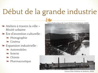 ❧
Début de la grande industrie
❧ Ateliers à travers la ville =
Mixité urbaine
❧ Ère d’invention culturelle :
❧ Photographie
❧ Cinéma
❧ Expansion industrielle :
❧ Automobiles
❧ Soierie
❧ Chimie
❧ Pharmaceutique
Usine hydraulique de Cusset (Pelletier & Delfante, 2004)
Usines Giller (Pelletier & Delfante, 2004)
 