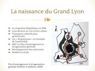❧
❧ La cinquième République en 1958
❧ Lyon devient un vrai centre urbain
❧ Transports collectifs plus
performants
❧ Les « 30 glorieuses » et triomphe
de l’automobile
❧ 1967: Le Plan d’aménagement et
d’organisation générale
❧ Développement des autoroutes
❧ Modèle en étoile
La naissance du Grand Lyon
Plan d’aménagement et d’organisation
générale (Pelletier et Delfante, 2004)
 