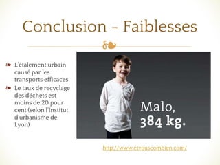 ❧
❧ L’étalement urbain
causé par les
transports efficaces
❧ Le taux de recyclage
des déchets est
moins de 20 pour
cent (selon l’Institut
d’urbanisme de
Lyon)
Conclusion - Faiblesses
http://www.etvouscombien.com/
 
