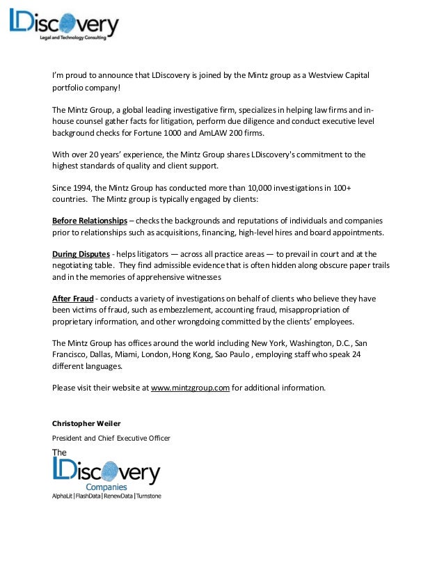 LDiscovery Joined By The Mintz Group, As A Westview Capital Portfolio…