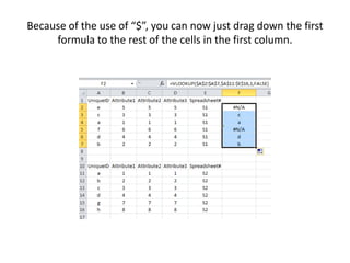 Because of the use of “$”, you can now just drag down the first
formula to the rest of the cells in the first column.
 