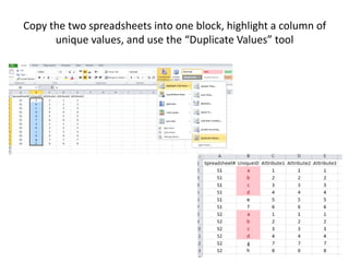 Copy the two spreadsheets into one block, highlight a column of
unique values, and use the “Duplicate Values” tool
 