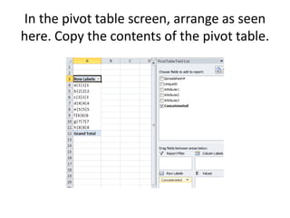 In the pivot table screen, arrange as seen
here. Copy the contents of the pivot table.
 