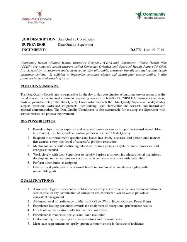 data quality coordinator it coordinator job description