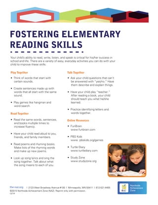 FOSTERING ELEMENTARY
READING SKILLS
the-naz.org | 2123 West Broadway Avenue #100 | Minneapolis, MN 55411 | 612-521-4405
©2015 Northside Achievement Zone (NAZ). Reprint only with permission.
12/14
Northside
Achievement
Zone
• Think of words that start with
certain sounds.
• Create sentences made up with
words that all start with the same
sound.
• Play games like hangman and
word search.
Your child’s ability to read, write, listen, and speak is critical for his/her success in
school and life. There are a variety of easy, everyday activities you can do with your
child to improve these skills:
Play Together
Read Together
Talk Together
Online Resources• Read the same words, sentences,
and books multiple times to
increase fluency.
• Have your child read aloud to you,
friends, and family members.
• Read poems and rhyming books.
Make lists of the rhyming words
and make up new poems.
• Look up song lyrics and sing the
song together. Talk about what
the song means to each of you.
• Ask your child questions that can’t
be answered with “yes/no.” Have
them describe and explain things.
• Have your child play “teacher.”
After reading a book, your child
should teach you what he/she
learned.
• Practice identifying letters and
words together.
• FunBrain
www.funbrain.com
• PBS Kids
www. pbskids.org/games
• Turtle Diary
www.turtlediary.com
• Study Zone
www.studyzone.org
 
