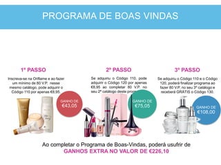 GANHO DE
€43,05 GANHO DE
€108,00
Inscreva-se na Oriflame e ao fazer
um mínimo de 80 V.P. nesse
mesmo catálogo, pode adquirir o
Código 110 por apenas €8,95.
Se adquiriu o Código 110, pode
adquirir o Código 120 por apenas
€8,95 ao completar 80 V.P. no
seu 2ª catálogo deste programa.
GANHO DE
€75,05
Se adquiriu o Código 110 e o Código
120, poderá finalizar programa ao
fazer 80 V.P. no seu 3º catálogo e
receberá GRÁTIS o Código 130.
Ao completar o Programa de Boas-Vindas, poderá usufrir de
GANHOS EXTRA NO VALOR DE €226,10
1º PASSO 2º PASSO 3º PASSO
PROGRAMA DE BOAS VINDAS
 