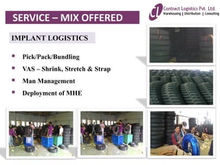  Pick/Pack/Bundling
 VAS – Shrink, Stretch & Strap
 Man Management
 Deployment of MHE
IMPLANT LOGISTICS
SERVICE – MIX OFFERED
 