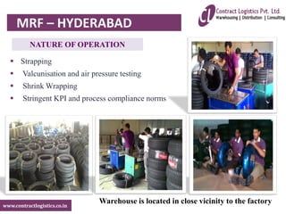 www.contractlogistics.co.in
NATURE OF OPERATION
 Strapping
 Valcunisation and air pressure testing
 Shrink Wrapping
 Stringent KPI and process compliance norms
Warehouse is located in close vicinity to the factory
MRF – HYDERABAD
 