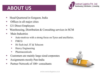 Head Quartered in Gurgaon, India
 Offices in all major cities
 121 Direct Employees
 Warehousing, Distribution & Consulting services in SCM
 Main Industries
 Auto-motives with a strong focus on Tyres and ancillaries.
 FMCG
 Hi-Tech incl. IT & Telecom
 Heavy Engineering
 Pharmaceuticals
 Customers are mainly large sized corporates
 Assignments mostly Pan-India
 Partner Network of 100+ consultants
www.contractlogistics.co.in
ABOUT US
 
