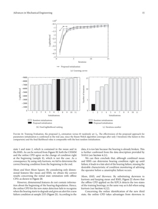 Advances in Mechanical Engineering 15
0 5 10 15
Iterations
Loglikelihood
Proposed initialization
×104
−5
−4.5
−4
−3.5
−3
−2.5
−2
−1.5
−1
−0.5
(a) Learning curves
1 2 3 4 5 6 7 8 9 10 11
0
Loglikelihood
Initializations
Random initializations
Proposed initialization
−9000
−8000
−7000
−6000
−5000
−4000
−3000
−2000
−1000
(b) Final loglikelihood ranking
1 2 3 4 5 6 7 8 9 10 11
0
5
10
15
Numberofiterations
Initializations
Random initializations
Proposed initialization
(c) Iterations number
Figure 16: Training Evaluation, the proposed 𝜆0 estimation versus 10 randomly set 𝜆0. The effectiveness of the proposed approach for
parameters initialization is confirmed in the real case, since the Baum-Welch algorithm converges after only 3 iterations (the fastest in this
comparison) and the final likelihood value is comparable with the best random initialization.
state 1 and state 2, which is contained in the mean and in
the RMS. As can be noticed from Figure 19, both the CHMM
and the online CPD agree on the change of condition right
at the beginning (sample 8), which is not the case. As a
consequence, by using only kurtosis, we fail to determine the
correct bearing condition from the beginning to the end.
Mean and Root Mean Square. By considering only dimen-
sional features like mean and RMS, we obtain the correct
results concerning the initial state estimation with offline
CPD, as shown in Figure 20.
However, dimensional features do not contain informa-
tion about the beginning of the bearing degradation. Hence,
the online CPD for the new states detection fails to recognize
when the bearing starts to degrade and gives an alert for a new
failure condition at sample 2135 (Figure 21). According to the
data, it is too late because the bearing is already broken. This
is further confirmed from the data description provided by
NASA (see Section 4.2.1).
We can then conclude that, although combined mean
and RMS can determine bearing condition right up until
failure, it leads to a late alert of the bearing failure, missing the
desirable characteristic of condition monitoring of advising
the operator before a catastrophic failure occurs.
Mean, RMS, and Skewness. By substituting skewness to
kurtosis and keeping mean and RMS, Figure 22 shows that
the offline CPD applied on the KPCA detects the two states
of the training bearings, in the same way as it did when using
kurtosis (see Section 4.2.2).
Concerning the online identification of the new third
state, the online CPD takes advantages from skewness in
 