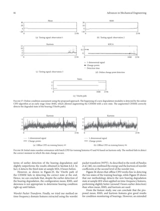 16 Advances in Mechanical Engineering
0 2156
0
20
40
Mean
−20
(a) Testing signal: observation 1
0 2156
0
10
20
RMS
−10
(b) Testing signal: observation 2
0 2156
0
5
10
15
Kurtosis
−5
(c) Testing signal: observation 3
0 1848 2156
0
0.5
1
KPCA
1-dimensional signal
Change-points
Detection time
(d) Online change point detection
0 1848 2156
1
2
3
States
(e) Viterbi path
Figure 17: Online condition assessment using the proposed approach. The beginning of a new degradation modality is detected by the online
CPD algorithm at an early stage (time 1848), which allowed augmenting the CHMM with a new state. The augmented CHMM correctly
detects the degraded state of the bearing (Viterbi path).
0
0
2
4
Change-points
2156
Kurtosis
1-dimensional signal
−2
(a) Offline CPD on training history #3
0 2156
0
2
4
Kurtosis
1-dimensional signal
Change-points
−2
(b) Offline CPD on training history #4
Figure 18: Initial states number estimation with batch CPD for training histories #3 and #4 based on kurtosis only. The method fails to detect
the correct moment in which the state change occurs.
terms of earlier detection of the bearing degradation and
slightly outperforms the results obtained in Section 4.2.2. In
fact, it detects the third state at sample 1824, 8 hours before.
However, as shown in Figure 23, the Viterbi path of
the CHMM fails in detecting the correct state at the end.
Hence, we can conclude that, despite the earlier detection of
the bearing degradation, the configuration mean, RMS, and
skewness is not appropriate to determine bearing condition
right up until failure.
Wavelet Packet Transform. Finally, we tried our method on
time-frequency domain features extracted using the wavelet
packet transform (WPT). As described in the work of Pandya
et al. [46], we combined the energy and the kurtosis of wavelet
coefficients at the second level of the wavelet tree.
Figure 24 shows that offline CPD works fine in detecting
the two states of the training bearings, while Figure 25 shows
that our methodology detects the new bearing degradation
state at sample 1831 when applied on time-frequency features,
performing slightly better (around 5 hours earlier detection)
than when mean, RMS, and kurtosis are used.
From the feature study, one can conclude that the pro-
posed mean, RMS, and kurtosis features give good results
for condition monitoring of bearings. However, an extended
 