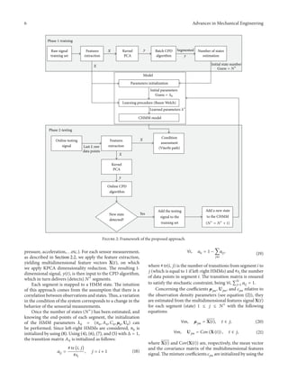 6 Advances in Mechanical Engineering
Phase 1-training
Raw signal
training set
Features
extraction
Kernel
PCA
Kernel
PCA
Batch CPD
algorithm
Segmented Number of states
estimation
Initial state number
Guess = N∗
X
X
y
y
Model
Parameters initialization
Initial parameters
Guess = 𝜆0
Learning procedure (Baum Welch)
Learned parameters 𝜆∗
CHMM model
Phase 2-testing
Online testing
signal Last L raw
data points
Features
extraction
Online CPD
algorithm
New state
detected?
Yes
Add the testing
signal to the
training set
Add a new state
to the CHMM
(N∗
= N∗
+ 1)
X
X
y
Condition
assessment
(Viterbi path)
Figure 2: Framework of the proposed approach.
pressure, acceleration,. . .etc.). For each sensor measurement,
as described in Section 2.2, we apply the feature extraction,
yielding multidimensional feature vectors X(𝑡), on which
we apply KPCA dimensionality reduction. The resulting 1-
dimensional signal, 𝑦(𝑡), is then input to the CPD algorithm,
which in turn delivers (detects) 𝑁∗
segments.
Each segment is mapped to a HMM state. The intuition
of this approach comes from the assumption that there is a
correlation between observations and states. Thus, a variation
in the condition of the system corresponds to a change in the
behavior of the sensorial measurements.
Once the number of states (𝑁∗
) has been estimated, and
knowing the end-points of each segment, the initialization
of the HMM parameters 𝜆0 = (𝜋0, 𝐴0, 𝐶0, 𝜇0, U0) can
be performed. Since left-right HMMs are considered, 𝜋0 is
initialized by using (8). Using (4), (6), (7), and (5) with Δ = 1,
the transition matrix 𝐴0 is initialized as follows:
𝑎𝑖𝑗 =
# tr (𝑖, 𝑗)
#𝑠𝑖
, 𝑗 = 𝑖 + 1 (18)
∀𝑖, 𝑎𝑖𝑖 = 1 − ∑
𝑗 ̸=𝑖
𝑎𝑖𝑗, (19)
where # tr(𝑖, 𝑗) is the number of transitions from segment 𝑖 to
𝑗 (which is equal to 1 if left-right HMMs) and #𝑠𝑖 the number
of data points in segment 𝑖. The transition matrix is ensured
to satisfy the stochastic constraint, being ∀𝑖, ∑ 𝑁
𝑗=1 𝑎𝑖𝑗 = 1.
Concerning the coefficients 𝜇𝑗𝑚, U 𝑗𝑚, and 𝑐𝑗𝑚 relative to
the observation density parameters (see equation (2)), they
are estimated from the multidimensional features signal X(𝑡)
for each segment (state) 1 ≤ 𝑗 ≤ 𝑁∗
with the following
equations:
∀𝑚, 𝜇 𝑗𝑚 = X(𝑡), 𝑡 ∈ 𝑗; (20)
∀𝑚, U 𝑗𝑚 = Cov (X (𝑡)) , 𝑡 ∈ 𝑗, (21)
where X(𝑡) and Cov(X(𝑡)) are, respectively, the mean vector
and the covariance matrix of the multidimensional features
signal. The mixture coefficients 𝑐𝑗𝑚 are initialized by using the
 