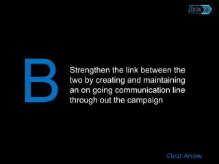 BStrengthen the link between the
two by creating and maintaining
an on going communication line
through out the campaign
Clear Arrow
 