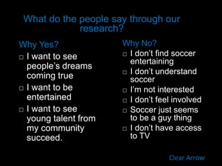 Why Yes?
 I want to see
people’s dreams
coming true
 I want to be
entertained
 I want to see
young talent from
my community
succeed.
Why No?
 I don’t find soccer
entertaining
 I don’t understand
soccer
 I’m not interested
 I don’t feel involved
 Soccer just seems
to be a guy thing
 I don’t have access
to TV
Clear Arrow
What do the people say through our
research?
 