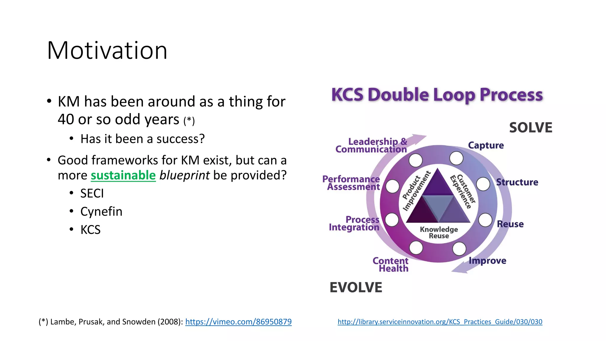 Motivation
• KM has been around as a thing for
40 or so odd years (*)
• Has it been a success?
• Good frameworks for KM exist, but can a
more sustainable blueprint be provided?
• SECI
• Cynefin
• KCS
(*) Lambe, Prusak, and Snowden (2008): https://vimeo.com/86950879 http://library.serviceinnovation.org/KCS_Practices_Guide/030/030
 