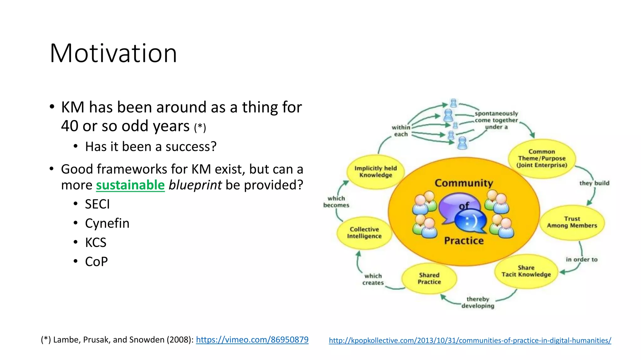 Motivation
• KM has been around as a thing for
40 or so odd years (*)
• Has it been a success?
• Good frameworks for KM exist, but can a
more sustainable blueprint be provided?
• SECI
• Cynefin
• KCS
• CoP
(*) Lambe, Prusak, and Snowden (2008): https://vimeo.com/86950879 http://kpopkollective.com/2013/10/31/communities-of-practice-in-digital-humanities/
 