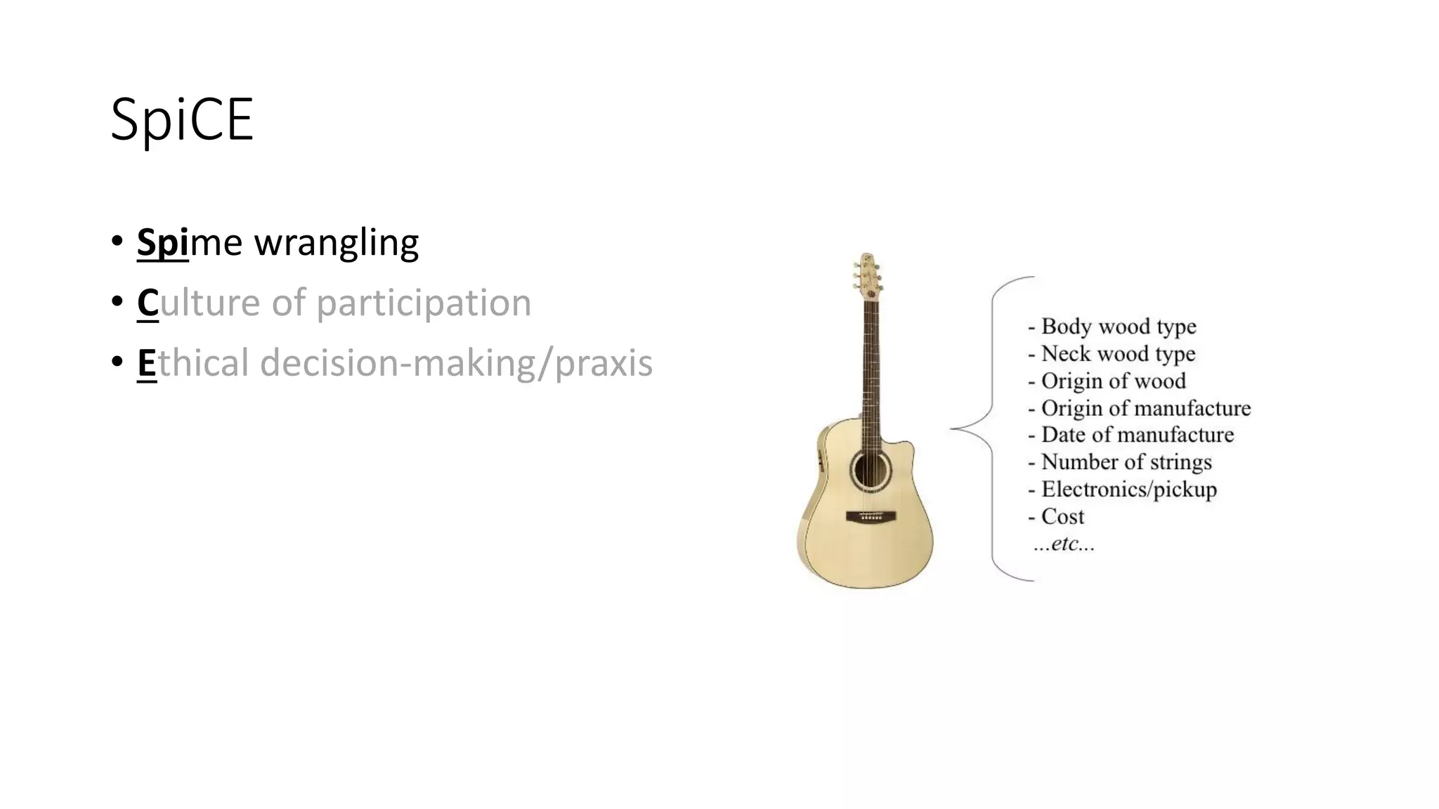 SpiCE
• Spime wrangling
• Culture of participation
• Ethical decision-making/praxis
 