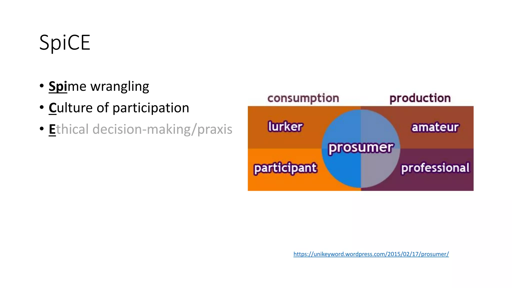 SpiCE
• Spime wrangling
• Culture of participation
• Ethical decision-making/praxis
https://unikeyword.wordpress.com/2015/02/17/prosumer/
 