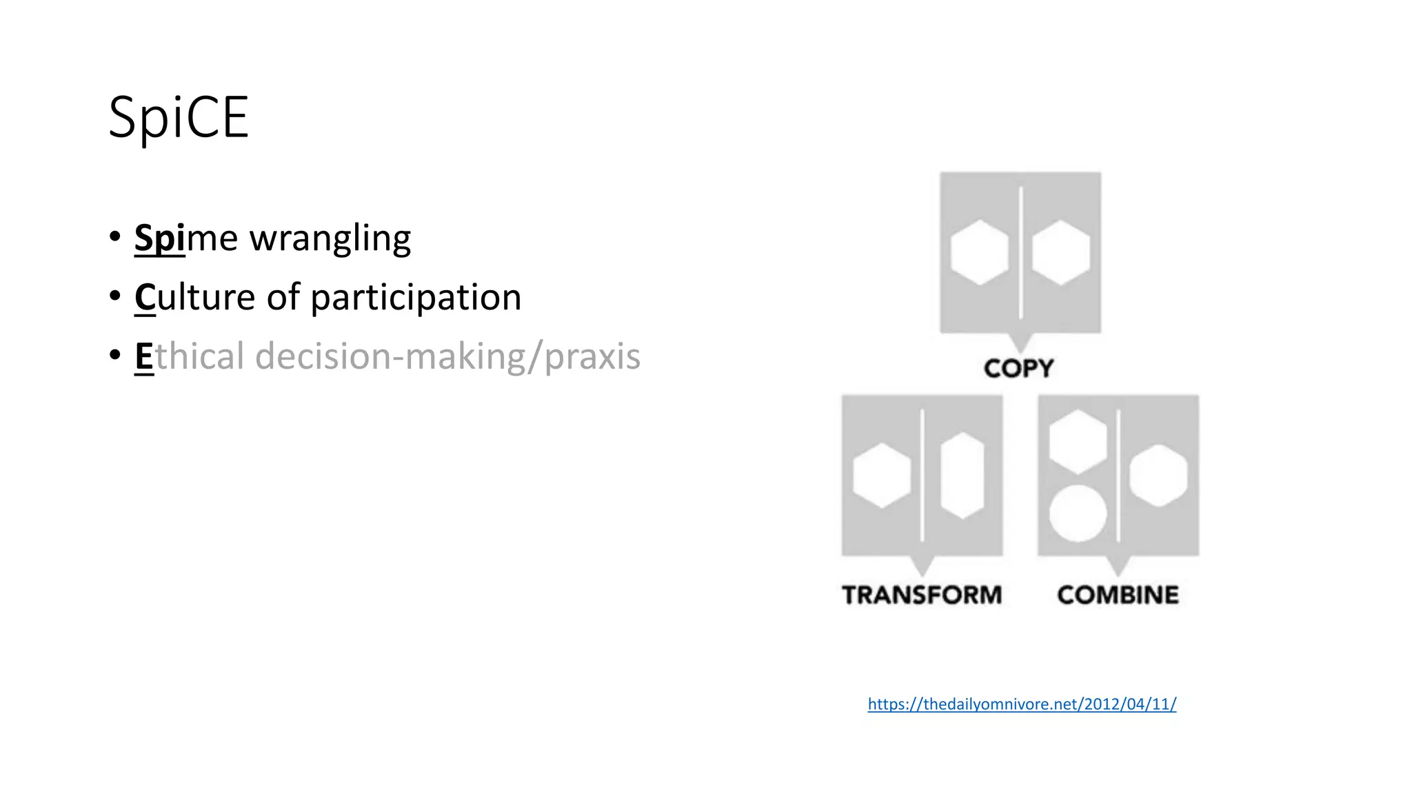 SpiCE
• Spime wrangling
• Culture of participation
• Ethical decision-making/praxis
https://thedailyomnivore.net/2012/04/11/
 