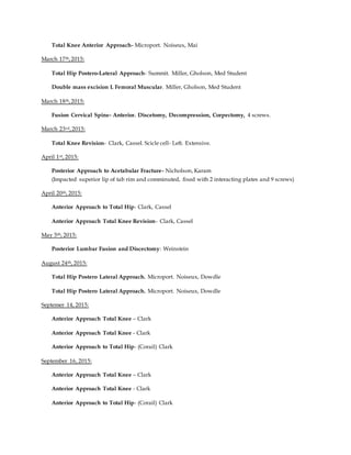Total Knee Anterior Approach- Microport. Noiseux, Mai
March 17th,2015:
Total Hip Postero-Lateral Approach- Summit. Miller, Gholson, Med Student
Double mass excision L Femoral Muscular. Miller, Gholson, Med Student
March 18th,2015:
Fusion Cervical Spine- Anterior. Discetomy, Decompression, Corpectomy, 4 screws.
March 23rd,2015:
Total Knee Revision- Clark, Cassel. Scicle cell- Left. Extensive.
April 1st, 2015:
Posterior Approach to Acetabular Fracture- Nicholson, Karam
(Impacted superior lip of tab rim and comminuted, fixed with 2 interacting plates and 9 screws)
April 20th, 2015:
Anterior Approach to Total Hip- Clark, Cassel
Anterior Approach Total Knee Revision- Clark, Cassel
May 5th, 2015:
Posterior Lumbar Fusion and Discectomy: Weinstein
August 24th, 2015:
Total Hip Postero Lateral Approach. Microport. Noiseux, Dowdle
Total Hip Postero Lateral Approach. Microport. Noiseux, Dowdle
Septemer 14, 2015:
Anterior Approach Total Knee – Clark
Anterior Approach Total Knee - Clark
Anterior Approach to Total Hip- (Corail) Clark
September 16, 2015:
Anterior Approach Total Knee – Clark
Anterior Approach Total Knee - Clark
Anterior Approach to Total Hip- (Corail) Clark
 