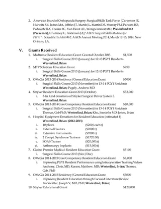 2. American Board of Orthopaedic Surgery: Surgical Skills Task Force: [Carpenter JE,
Hurwitz SR, James MA, Jeffries JT, Marsh JL, Martin DF, Murray PM, Parsons BO,
Pedowitz RA, Toolan BC, Van Heest AE, Wongworawat MD, Westerlind BO
(Presenter),Crummey C, Anderson JA] "ABOS Surgical Skills Modules for
PGY1". Scientific Exhibit #62: AAOS Annual Meeting 2014,March 12-15, 2014,New
Orleans, LA.
V. Grants Received
1. Medtronic Resident Education Grant: Granted October 2013 $1,500
i. Surgical Skills Course 2013 (January) for 12-13 PGY1 Residents
Westerlind, Brian
2. MTP Solutions Education Grant $950
i. Surgical Skills Course 2013 (January) for 12-13 PGY1 Residents
Westerlind, Brian
3. OMeGA 2013-2014 Residency/General Education Grant $5000
i. Surgical Skills Course 2013 (November) for 13-14 PGY1 Residents
Westerlind, Brian; Pugely, Andrew MD
4. Stryker Resident Education Grant 2013 (October) $32,000
i. 3-In Kind donations of Stryker Surgical Driver System 6.
Westerlind, Brian
5. OMeGA 2013-2014 Core Competency Resident Education Grant $20,000
i. Surgical Skills Course 2013 (November) for 13-14 PGY1 Residents
Thomas, Geb PhD; Westerlind,Brian;Kho, Jenniefer MD; Johns, Brian
6. Hospital Equipment Donations for Resident Education (estimated $)
Westerlind, Brian: (2012-2015)
i. 10 plates ($200/each±)
ii. External Fixators ($2000±)
iii. Extensive Instruments ($2000±)
iv. 2 Compt. Syndrome Trainers ($1720.00)
v. SOAS Trainer ($20,000±)
vi. Arthroscopy Implants ($15,000±)
7. Globus Premier Medical: Resident Education Grant $5100
i. Surgical Skills Course 2013 (Nov/Dec)
8. OMeGA 2014-2015 Core Competency Resident Education Grant $6,000
i. Improving PGY1 Resident Performance using Intraoperative Training Videos
Anthony, Chris, MD; Karam,Matthew, MD; Westerlind,Brian;Thomas,
Geb, PhD
9. OMeGA 2014-2015 Residency/General Education Grant $5000
i. Improving Resident Education through Focused Literature Review
Buckwalter, Joseph V, MD, PhD; Westerlind, Brian;
10. Stryker Educational Grant $120,000
 