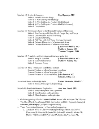 Module 10: K-wire techniques Brad Parsons, MD
Video 1: Introduction and Setup
Video 2: K-Wire Driving into a Syringe
Video 3: K-Wire Drilling of a Fracture Model (Basic)
Video 4: K-Wire Drilling of a Fracture Model (Advanced)
Video 5: Conclusions
Module 11: Techniques Basic to the Internal Fixation of Fractures
Video 1: Bone Surrogate Drilling, Depth Gauge, Tap, and Screw
Video 2: Unicortical vs. Bicortical Drilling
Video 3: Directional Drilling
Video 4: PVC Pipe with Soft Tissue Envelope Surrogate
Video 4: Cadaver-Placement of a Syndesmosis Screw
Video 5: Cadaver-Placement of a Periarticular Screw
J. Lawrence Marsh, MD
Matthew Karam, MD
Tameem Yehyawi, MD
Module 12: Principles and techniques of fracture reduction
Video 1: Setup of Exercises J. Lawrence Marsh, MD
Video 2: Expert Performance Matthew Karam, MD
Video 3: Common Errors
Module 13: Basic Techniques in External fixation
External Fixation of a Bone Surrogate Long Bone
External Fixation of a Bone Surrogate Wrist
External Fixation of a Cadaver Wrist John Femino, MD
Ericka Lawler, MD
Module 14: Basic Arthroscopy Skills Robert Pedowitz, MD PhD
Video 1: Basic Arthroscopy Skills (pending)
Module 16: Joint injection and Aspiration Ann Van Heest, MD
Video 1: Shoulder Injection and Aspiration
Video 2: Knee Injection and Aspiration
Video 3: Elbow Injection and Aspiration
3. Online supporting video for: Westerlind BO, Karam MD, Anderson DD, Yehyawi
TM, Kho J, Marsh JL; A Surgical Skills Curriculum for PGY-1 Residents Journal of
Bone and Joint Surgery (Accepted for publication)
4. Video Presentation (Summary of Curriculum) supporting:
a. American Board of Orthopaedic Surgery: Surgical Skills Task Force:
[Carpenter JE, Hurwitz SR, James MA, Jeffries JT, Marsh JL, Martin DF,
Murray PM, Parsons BO, Pedowitz RA, Toolan BC, Van Heest AE,
 