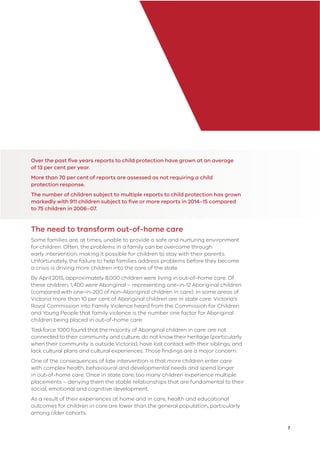 7
Over the past ﬁve years reports to child protection have grown at an average
of 13 per cent per year.
More than 70 per cent of reports are assessed as not requiring a child
protection response.
The number of children subject to multiple reports to child protection has grown
markedly with 911 children subject to ﬁve or more reports in 2014–15 compared
to 75 children in 2006–07.
The need to transform out-of-home care
Some families are, at times, unable to provide a safe and nurturing environment
for children. Often, the problems in a family can be overcome through
early intervention, making it possible for children to stay with their parents.
Unfortunately, the failure to help families address problems before they become
a crisis is driving more children into the care of the state.
By April 2015, approximately 8,000 children were living in out-of-home care. Of
these children, 1,400 were Aboriginal – representing one-in-12 Aboriginal children
(compared with one-in-200 of non-Aboriginal children in care). In some areas of
Victoria more than 10 per cent of Aboriginal children are in state care. Victoria’s
Royal Commission into Family Violence heard from the Commission for Children
and Young People that family violence is the number one factor for Aboriginal
children being placed in out-of-home care.
Taskforce 1000 found that the majority of Aboriginal children in care: are not
connected to their community and culture; do not know their heritage (particularly
when their community is outside Victoria); have lost contact with their siblings; and
lack cultural plans and cultural experiences. Those ﬁndings are a major concern.
One of the consequences of late intervention is that more children enter care
with complex health, behavioural and developmental needs and spend longer
in out-of-home care. Once in state care, too many children experience multiple
placements – denying them the stable relationships that are fundamental to their
social, emotional and cognitive development.
As a result of their experiences at home and in care, health and educational
outcomes for children in care are lower than the general population, particularly
among older cohorts.
 