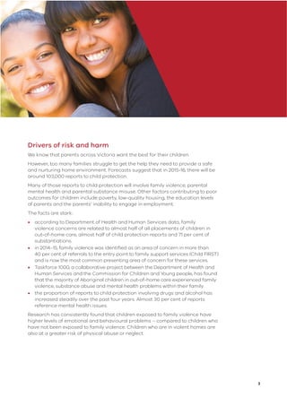 3
Drivers of risk and harm
We know that parents across Victoria want the best for their children.
However, too many families struggle to get the help they need to provide a safe
and nurturing home environment. Forecasts suggest that in 2015-16, there will be
around 103,000 reports to child protection.
Many of those reports to child protection will involve family violence, parental
mental health and parental substance misuse. Other factors contributing to poor
outcomes for children include poverty, low-quality housing, the education levels
of parents and the parents’ inability to engage in employment.
The facts are stark:
• according to Department of Health and Human Services data, family
violence concerns are related to almost half of all placements of children in
out-of-home care, almost half of child protection reports and 71 per cent of
substantiations.
• in 2014–15, family violence was identiﬁed as an area of concern in more than
40 per cent of referrals to the entry point to family support services (Child FIRST)
and is now the most common presenting area of concern for these services.
• Taskforce 1000, a collaborative project between the Department of Health and
Human Services and the Commission for Children and Young people, has found
that the majority of Aboriginal children in out-of-home care experienced family
violence, substance abuse and mental health problems within their family.
• the proportion of reports to child protection involving drugs and alcohol has
increased steadily over the past four years. Almost 30 per cent of reports
reference mental health issues.
Research has consistently found that children exposed to family violence have
higher levels of emotional and behavioural problems – compared to children who
have not been exposed to family violence. Children who are in violent homes are
also at a greater risk of physical abuse or neglect.
 