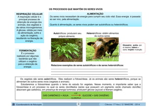 Ciências - 7.º Ano / 2.º BIMESTRE - 2014Ciências - 7.º Ano / 2.º BIMESTRE - 2014
OS PROCESSOS QUE MANTÊM OS SERES VIVOS
Glossário: autós- por
si mesmo; hétero –
outro; trophé –nutrição.
Os vegetais são seres autotróficos. Eles realizam a fotossíntese. Já os animais são seres heterotróficos, porque se
alimentam de outros seres vivos (vegetais e animais).
Estudaremos a fotossíntese quando o tema do estudo for vegetais. Nesse momento, é importante saber que a
fotossíntese é um processo no qual os seres clorofilados (seres que possuem um pigmento verde chamado clorofila)
absorvem gás carbônico, em presença de energia luminosa, produzem glicose (açúcar) e liberam oxigênio.
LUZ
GÁS CARBÔNICO + ÁGUA GLICOSE + GÁS OXIGÊNIO
CLOROFILA
Autotróficos: produzem seu
próprio alimento.
Heterotróficos: obtêm alimentos
de outros seres.
RESPIRAÇÃO CELULAR
A respiração celular é o
principal processo de
obtenção de energia dos
animais, dos vegetais e
de vários microrganismos.
A glicose, obtida por meio
da alimentação, sofre a
ação do oxigênio,
resultando na liberação de
energia.
RESPIRAÇÃO CELULAR
A respiração celular é o
principal processo de
obtenção de energia dos
animais, dos vegetais e
de vários microrganismos.
A glicose, obtida por meio
da alimentação, sofre a
ação do oxigênio,
resultando na liberação de
energia.
FERMENTAÇÃO
É o processo
realizado por algumas
bactérias que não
utilizam o oxigênio
para a obtenção de
energia.
FERMENTAÇÃO
É o processo
realizado por algumas
bactérias que não
utilizam o oxigênio
para a obtenção de
energia.
ALIMENTAÇÃO
Os seres vivos necessitam de energia para cumprir seu ciclo vital. Essa energia é passada
ao ser vivo, pela alimentação.
Quanto à alimentação, os seres vivos podem ser autotróficos ou heterotróficos.
ALIMENTAÇÃO
Os seres vivos necessitam de energia para cumprir seu ciclo vital. Essa energia é passada
ao ser vivo, pela alimentação.
Quanto à alimentação, os seres vivos podem ser autotróficos ou heterotróficos.
www.jornalclassificadao.com.br
foro.portalplantas.com
Relacione exemplos de seres autotróficos e de seres heterotróficos:
______________________________________________________________
______________________________________________________________
______________________________________________________________
5
 