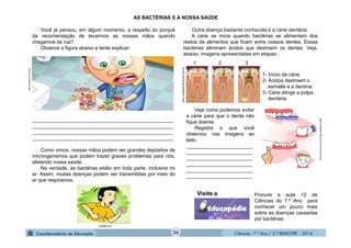 Ciências - 7.º Ano / 2.º BIMESTRE - 2014Ciências - 7.º Ano / 2.º BIMESTRE - 2014
AS BACTÉRIAS E A NOSSA SAÚDE
Você já pensou, em algum momento, a respeito do porquê
da recomendação de lavarmos as nossas mãos quando
chegamos da rua?
Observe a figura abaixo e tente explicar:
___________________________________________________
___________________________________________________
___________________________________________________
___________________________________________________
Como vimos, nossas mãos podem ser grandes depósitos de
microrganismos que podem trazer graves problemas para nós,
afetando nossa saúde.
Na verdade, as bactérias estão em toda parte, inclusive no
ar. Assim, muitas doenças podem ser transmitidas por meio do
ar que respiramos.
http://noticias.uol.com.br
imagens.us
Outra doença bastante conhecida é a cárie dentária.
A cárie se inicia quando bactérias se alimentam dos
restos de alimentos que ficam entre nossos dentes. Essas
bactérias eliminam ácidos que destroem os dentes. Veja,
abaixo, imagens apresentadas em etapas:
1 2 3
1- Início da cárie.
2- Ácidos destroem o
esmalte e a dentina.
3- Cárie atinge a polpa
dentária.
www.colgateprofissional.com.br
http://jornal.umg.com.br/?pg=noticia&id=1990
Veja como podemos evitar
a cárie para que o dente não
fique doente.
Registre o que você
observou nas imagens ao
lado.
________________________
________________________
________________________
________________________
________________________
________________________
Procure a aula 12 de
Ciências do 7.º Ano para
conhecer um pouco mais
sobre as doenças causadas
por bactérias.
Visite a
26
 