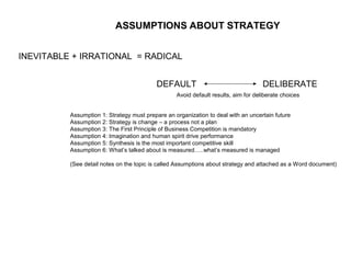 INEVITABLE + IRRATIONAL = RADICAL
DEFAULT DELIBERATE
Avoid default results, aim for deliberate choices
ASSUMPTIONS ABOUT STRATEGY
Assumption 1: Strategy must prepare an organization to deal with an uncertain future
Assumption 2: Strategy is change – a process not a plan
Assumption 3: The First Principle of Business Competition is mandatory
Assumption 4: Imagination and human spirit drive performance
Assumption 5: Synthesis is the most important competitive skill
Assumption 6: What’s talked about is measured…..what’s measured is managed
(See detail notes on the topic is called Assumptions about strategy and attached as a Word document)
 