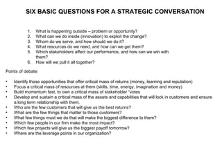SIX BASIC QUESTIONS FOR A STRATEGIC CONVERSATION
1. What is happening outside – problem or opportunity?
2. What can we do inside (innovation) to exploit the change?
3. Whom do we serve, and how should we do it?
4. What resources do we need, and how can we get them?
5. Which stakeholders affect our performance, and how can we win with
them?
6. How will we pull it all together?
Points of debate:
• Identify those opportunities that offer critical mass of returns (money, learning and reputation)
• Focus a critical mass of resources at them (skills, time, energy, imagination and money)
• Build momentum fast, to own a critical mass of stakeholder “votes
• Develop and sustain a critical mass of the assets and capabilities that will lock in customers and ensure
a long term relationship with them.
• Who are the few customers that will give us the best returns?
• What are the few things that matter to those customers?
• What few things must we do that will make the biggest difference to them?
• Which few people in our firm make the most impact?
• Which few projects will give us the biggest payoff tomorrow?
• Where are the leverage points in our organization?
 
