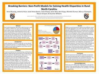 Breaking Barriers: Non-Profit Models for Solving Health Disparities in Rural
North Carolina
Anna Muesing, JoHonna Alcon, Sarah Anne Barton, Travis Breese, Karen Best, Ben Knapp, Monelle Shuman, Marcus Thompson,
Mason Simpson, & Kourtnei Williams
Adapted from: Eberhardt, M. S., & Pamuk, E. R. (2004). The importance of place of residence: Examining health in rural and nonrural areas. American Journal of Public Health, 94(10), 1682-6.
Harnett County Department of Public Health. (n.d.). Harnett county 2013 community health assessment. Harnett.org.
Truven Health Analytics. (October 2013). Factfile, avoidable emergency department usage. Health Leaders Media.
Results
Model one and two process maps are two different routes
the health aggregator non-profit could take. Both models
alleviate health disparities by: increasing access to healthy
food, providing patient education, and access to programs
with community gardens. Both models provide patients
with access to primary care physician (PCP) and specialty
doctors. By assisting in locating and providing
transportation to PCP and specialty doctors, patients will
have better access to receive follow-up treatment. Raising
rankings in clinical care and health behaviors by providing
patients with better care integration, and education on
unhealthy behaviors. Harnett County’s health rankings will
be from the ER provider to PCP, connect patients with
resources in the community, channel medical questions to
ER provider or PCP, distribute patient educational
resources, and develop community garden, if community
does not have one.
Conclusion
Harnett County has many health disparities to overcome
that could be addressed with increased coordination of
care through preventative care and health education. This
organization would provide Harnett County residents
access to services they typically would not receive.
Acknowledgements
Thank you to Dr. Abbey, who helped guide us through the
research. Also we would like to thank Campbell University
and the Lundy School of Business for providing us this with
this opportunity.
Abstract
Rural health disparities stem from a lack of access to care,
an inability to afford care, and a lack of knowledge of
how to obtain proper care (Eberhardt & Pamuk, 2004).
Due to this and other health disparities (such as low
County Health Ratings and national ER usage trends) in
Harnett County, we created non-profit models that help
to alleviate these health disparities. The models focus on
using community resources, patient education, and
better access to care for those who are seen in the ER.
Problem
A report provided by the County Rankings and Roadmaps
website ranked Harnett County 63rd out of 100 (with one
being the best) for “Health Factors” (2015, para 1). This
low ranking stems from several different factors,
including an uninsured rate of 20% and the number
enrolled in Medicare programs. (Harnett County
Department of Public Health, n.d.). The number of
primary care physicians (PCP) in Harnett County is one
per every 3735 people while the target is one PCP per
1067 people. Mental health providers are also a cause for
concern in Harnett County, with only two practicing
psychologists in the area (Harnett County Department of
Public Health, n.d.).
Introduction
Health disparities in Harnett County, NC can be reduced
by breaking the barriers to a healthy lifestyle. This is done
through the use of post-emergency room follow-up and
using community resources.
Model 1
Model 2
 