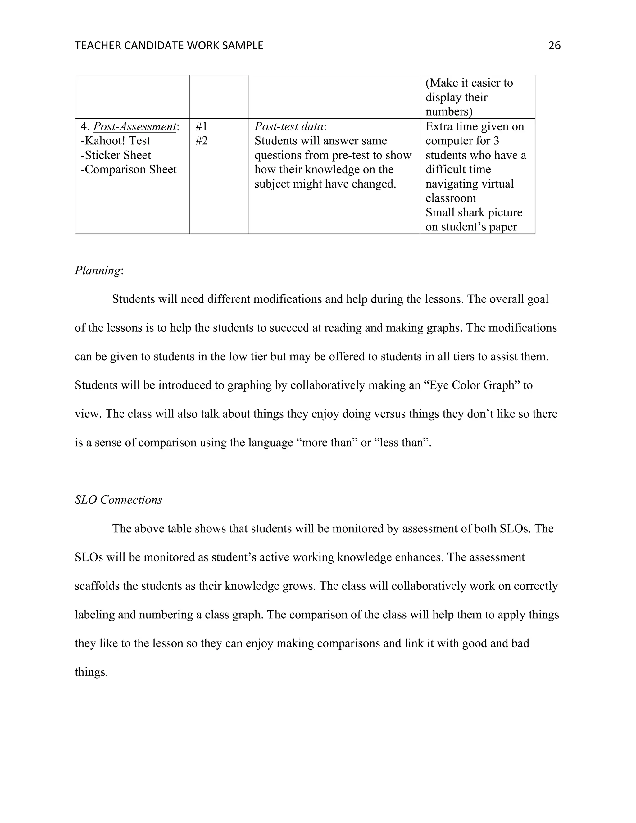 TEACHER	CANDIDATE	WORK	SAMPLE		 	 	 26	
(Make it easier to
display their
numbers)
4. Post-Assessment:
-Kahoot! Test
-Sticker Sheet
-Comparison Sheet
#1
#2
Post-test data:
Students will answer same
questions from pre-test to show
how their knowledge on the
subject might have changed.
Extra time given on
computer for 3
students who have a
difficult time
navigating virtual
classroom
Small shark picture
on student’s paper
Planning:
Students will need different modifications and help during the lessons. The overall goal
of the lessons is to help the students to succeed at reading and making graphs. The modifications
can be given to students in the low tier but may be offered to students in all tiers to assist them.
Students will be introduced to graphing by collaboratively making an “Eye Color Graph” to
view. The class will also talk about things they enjoy doing versus things they don’t like so there
is a sense of comparison using the language “more than” or “less than”.
SLO Connections
The above table shows that students will be monitored by assessment of both SLOs. The
SLOs will be monitored as student’s active working knowledge enhances. The assessment
scaffolds the students as their knowledge grows. The class will collaboratively work on correctly
labeling and numbering a class graph. The comparison of the class will help them to apply things
they like to the lesson so they can enjoy making comparisons and link it with good and bad
things.
 