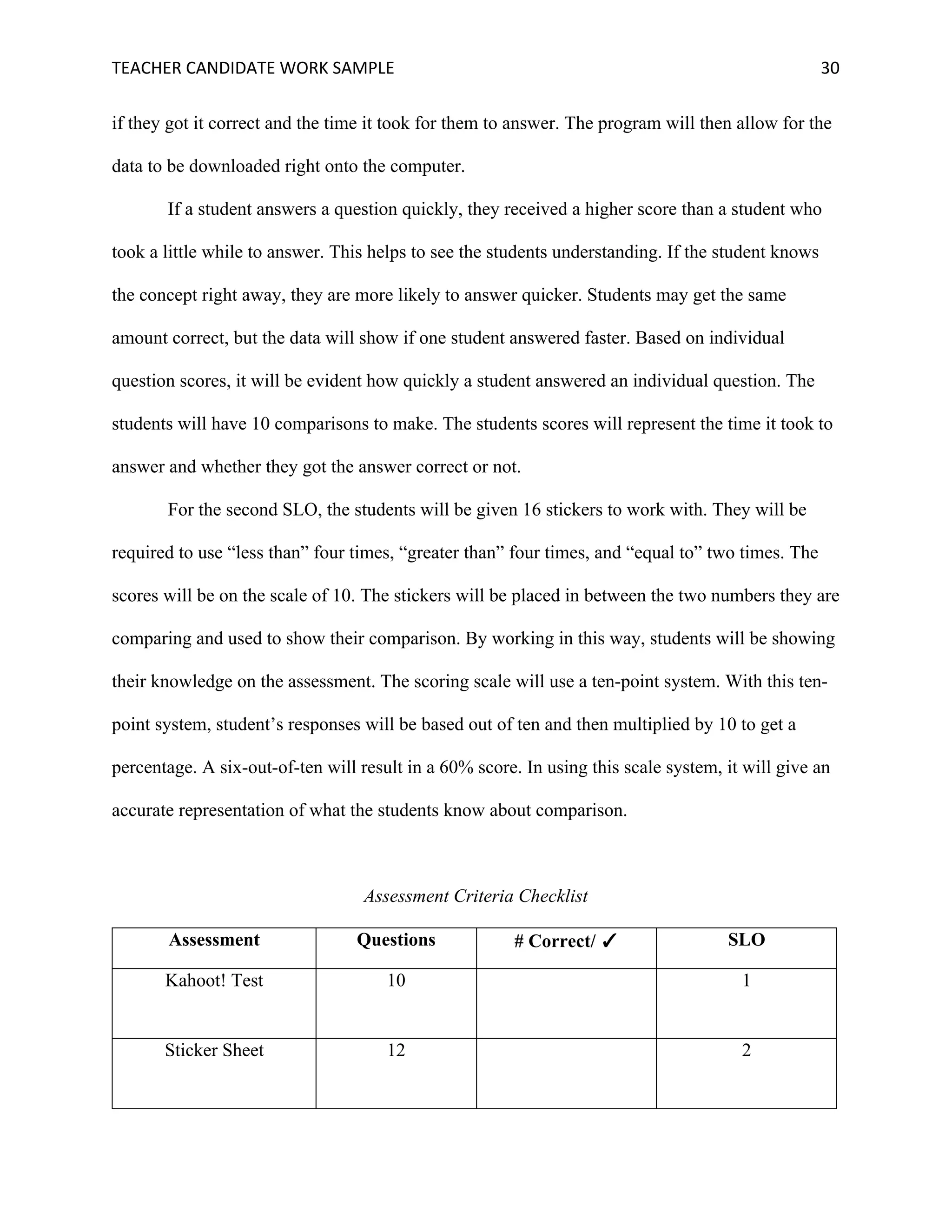 TEACHER	CANDIDATE	WORK	SAMPLE		 	 	 30	
if they got it correct and the time it took for them to answer. The program will then allow for the
data to be downloaded right onto the computer.
If a student answers a question quickly, they received a higher score than a student who
took a little while to answer. This helps to see the students understanding. If the student knows
the concept right away, they are more likely to answer quicker. Students may get the same
amount correct, but the data will show if one student answered faster. Based on individual
question scores, it will be evident how quickly a student answered an individual question. The
students will have 10 comparisons to make. The students scores will represent the time it took to
answer and whether they got the answer correct or not.
For the second SLO, the students will be given 16 stickers to work with. They will be
required to use “less than” four times, “greater than” four times, and “equal to” two times. The
scores will be on the scale of 10. The stickers will be placed in between the two numbers they are
comparing and used to show their comparison. By working in this way, students will be showing
their knowledge on the assessment. The scoring scale will use a ten-point system. With this ten-
point system, student’s responses will be based out of ten and then multiplied by 10 to get a
percentage. A six-out-of-ten will result in a 60% score. In using this scale system, it will give an
accurate representation of what the students know about comparison.
Assessment Criteria Checklist
Assessment Questions # Correct/ SLO
Kahoot! Test 10 1
Sticker Sheet 12 2
 