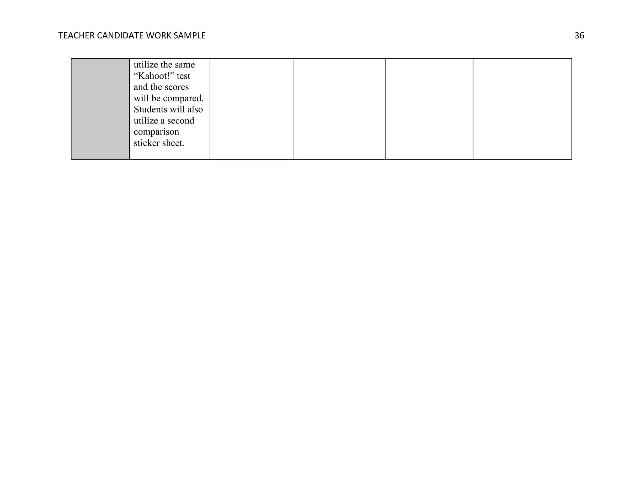TEACHER	CANDIDATE	WORK	SAMPLE		 	 	 36	
utilize the same
“Kahoot!” test
and the scores
will be compared.
Students will also
utilize a second
comparison
sticker sheet.
 