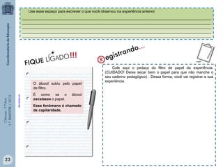 Ciências-7.ºAno
3.ºBIMESTRE/2013
Cole aqui o pedaço do filtro de papel da experiência.
(CUIDADO! Deixe secar bem o papel para que não manche o
seu caderno pedagógico) . Dessa forma, você vai registrar a sua
experiência.
http://escam.net
O álcool subiu pelo papel
de filtro.
É como se o álcool
escalasse o papel.
Esse fenômeno é chamado
de capilaridade.
Use esse espaço para escrever o que você observou na experiência anterior.
____________________________________________________________________________________________
____________________________________________________________________________________________
____________________________________________________________________________________________
____________________________________________________________________________________________
____________________________________________________________________________________________
clipart
!!!
FIQUE LIGADO
23
 