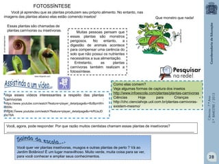 Ciências-7.ºAno
3.ºBIMESTRE/2013
www.infojardin.com
www.efecade.com.br
Essas plantas são chamadas de
plantas carnívoras ou insetívoras.
canalkids.com.br
Muitas pessoas pensam que
essas plantas são monstros
perigosos. No entanto, a
digestão de animais acontece
para compensar uma carência do
solo que não possui os nutrientes
necessários a sua alimentação.
Entretanto, as plantas
carnívoras também realizam a
fotossíntese.
Que monstro que nada!
Veja esses vídeos interessantes a respeito das plantas
carnívoras :
https://www.youtube.com/watch?feature=player_detailpage&v=BzBpmWn
BS9o
https://www.youtube.com/watch?feature=player_detailpage&v=kRUaJD
0oT6A
Como elas comem?
Veja algumas formas de captura dos insetos
http://www.infoescola.com/plantas/plantas-carnivoras
Ciências Hoje para Crianças -
http://chc.cienciahoje.uol.com.br/plantas-carnivoras-
existem-mesmo/
Você, agora, pode responder. Por que razão muitos cientistas chamam essas plantas de insetívoras?
_____________________________________________________________________________________________
Você já aprendeu que as plantas produzem seu próprio alimento. No entanto, nas
imagens das plantas abaixo elas estão comendo insetos!
Você quer ver plantas insetívoras, musgos e outras plantas de perto ? Vá ao
Jardim Botânico! É um lugar maravilhoso. Muito verde, muita coisa para se ver,
para você conhecer e ampliar seus conhecimentos.
FOTOSSÍNTESE
28
 