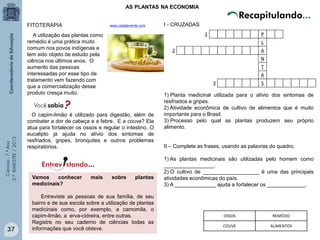 Ciências-7.ºAno
3.ºBIMESTRE/2013
37
AS PLANTAS NA ECONOMIA
Vamos conhecer mais sobre plantas
medicinais?
Entreviste as pessoas de sua família, de seu
bairro e de sua escola sobre a utilização de plantas
medicinais como, por exemplo, a camomila, o
capim-limão, a erva-cidreira, entre outras.
Registre no seu caderno de ciências todas as
informações que você obteve.
FITOTERAPIA www.cidadeverde.com
O capim-limão é utilizado para digestão, além de
combater a dor de cabeça e a febre. E a couve? Ela
atua para fortalecer os ossos e regular o intestino. O
eucalipto já ajuda no alívio dos sintomas de
resfriados, gripes, bronquites e outros problemas
respiratórios.
OSSOS REMÉDIO
COUVE ALIMENTOS
Recapitulando...
I - CRUZADAS
1) Planta medicinal utilizada para o alívio dos sintomas de
resfriados e gripes.
2) Atividade econômica de cultivo de alimentos que é muito
importante para o Brasil.
3) Processo pelo qual as plantas produzem seu próprio
alimento.
II – Complete as frases, usando as palavras do quadro.
1) As plantas medicinais são utilizadas pelo homem como
_________________.
2) O cultivo de ___________________ é uma das principais
atividades econômicas do país.
3) A ______________ ajuda a fortalecer os _____________.
P
L
A
N
T
A
S
1
2
3
A utilização das plantas como
remédio é uma prática muito
comum nos povos indígenas e
tem sido objeto de estudo pela
ciência nos últimos anos. O
aumento das pessoas
interessadas por esse tipo de
tratamento vem fazendo com
que a comercialização desse
produto cresça muito.
Entrev stando...
 
