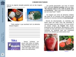 Ciências-7.ºAno
3.ºBIMESTRE/2013
O MUNDO DOS FUNGOS
5
Você já viu alguma situação parecida com as das imagens
abaixo? ___________________
Tente explicar o que acontece com os alimentos
dessas imagens:
____________________________________________
____________________________________________
____________________________________________
____________________________________________
____________________________________________
____________________________________________
____________________________________________
www.senado.gov.br
jailsonrp.wordpress.com
Um grande pesquisador, que viveu no século
XVIII, chamado Antonie Lavoisier certa vez disse:
“Na natureza nada se cria, nada se perde, tudo
se transforma”. Mas o que é que os fungos têm a
ver com essa frase? Tudo!!!
As imagens que vimos de alimentos mofados
são parte de um processo muito importante que
acontece na natureza chamado de decomposição.
Através da decomposição, os nutrientes que
fazem parte dos seres vivos são devolvidos à
natureza depois que eles morrem. Aí é que entram
os nossos amigos: os fungos! Eles atuam,
juntamente com as bactérias, decompondo o corpo
ou parte do corpo dos seres vivos e devolvendo os
nutrientes ao ambiente para que novamente
possam ser utilizados por outros seres vivos!
www.sobiologia.com.br cienciabr.org
Vamos conhecer um
pouco mais sobre os fungos.
Veja a Atividade 9 da Aula 17
na Educopédia. Assista a um
vídeo bem legal sobre esses
seres vivos fascinantes!
 