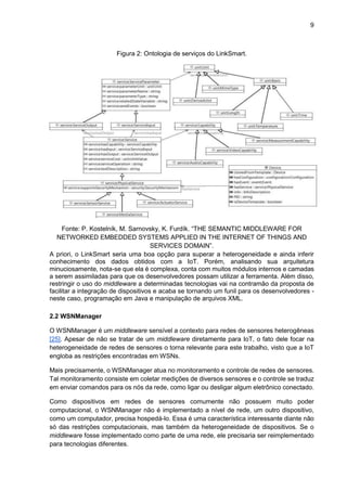 9
Figura 2: Ontologia de serviços do LinkSmart.
Fonte: P. Kostelník, M. Sarnovsky, K. Furdík. “THE SEMANTIC MIDDLEWARE FOR
NETWORKED EMBEDDED SYSTEMS APPLIED IN THE INTERNET OF THINGS AND
SERVICES DOMAIN”.
A priori, o LinkSmart seria uma boa opção para superar a heterogeneidade e ainda inferir
conhecimento dos dados obtidos com a IoT. Porém, analisando sua arquitetura
minuciosamente, nota-se que ela é complexa, conta com muitos módulos internos e camadas
a serem assimiladas para que os desenvolvedores possam utilizar a ferramenta. Além disso,
restringir o uso do middleware a determinadas tecnologias vai na contramão da proposta de
facilitar a integração de dispositivos e acaba se tornando um funil para os desenvolvedores -
neste caso, programação em Java e manipulação de arquivos XML.
2.2 WSNManager
O WSNManager é um middleware sensível a contexto para redes de sensores heterogêneas
[25]. Apesar de não se tratar de um middleware diretamente para IoT, o fato dele focar na
heterogeneidade de redes de sensores o torna relevante para este trabalho, visto que a IoT
engloba as restrições encontradas em WSNs.
Mais precisamente, o WSNManager atua no monitoramento e controle de redes de sensores.
Tal monitoramento consiste em coletar medições de diversos sensores e o controle se traduz
em enviar comandos para os nós da rede, como ligar ou desligar algum eletrônico conectado.
Como dispositivos em redes de sensores comumente não possuem muito poder
computacional, o WSNManager não é implementado a nível de rede, um outro dispositivo,
como um computador, precisa hospedá-lo. Essa é uma característica interessante diante não
só das restrições computacionais, mas também da heterogeneidade de dispositivos. Se o
middleware fosse implementado como parte de uma rede, ele precisaria ser reimplementado
para tecnologias diferentes.
 