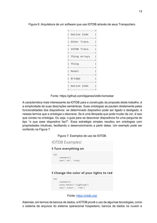 13
Figura 6: Arquitetura de um software que usa IOTDB através de seus Transporters.
Fonte: https://github.com/dpjanes/iotdb-homestar
A característica mais interessante da IOTDB para a construção da proposta deste trabalho, é
a simplicidade de suas descrições semânticas. Suas ontologias se pautam diretamente pelas
funcionalidades dos dispositivos: se determinado dispositivo pode ser ligado e desligado, é
nesses termos que a ontologia o descreve. Se é uma lâmpada que pode mudar de cor, é isso
que consta na ontologia. Ou seja, o guia para se descrever dispositivos foi uma pergunta do
tipo “o que esse dispositivo faz?”. Essa estratégia simples resultou em ontologias com
propriedades intuitivas, facilitando o desenvolvimento a partir delas. Um exemplo pode ser
conferido na Figura 7.
Figura 7: Exemplos de uso da IOTDB.
Fonte: https://iotdb.org/
Ademais, em termos de bancos de dados, a IOTDB provê o uso de algumas tecnologias, como
o sistema de arquivos do sistema operacional hospedeiro, bancos de dados na nuvem e
 