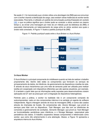 20
Na seção 3.1, foi mencionado que o broker utiliza uma abordagem de ZMQ para se comunicar
com o worker visando a distribuição de carga, caso existam várias instâncias do worker sendo
executadas. Para tanto, é utilizado um padrão de comunicação push/pull baseado em sockets
[36], o que na prática significa que o broker pode se conectar a vários workers ao mesmo
tempo e, ao enviar uma mensagem por meio de um método push da biblioteca de ZMQ, é
executado internamente um balanceamento de carga entre os vários workers aos quais o
broker está conectado. A Figura 11 ilustra o padrão push/pull de ZMQ.
Figura 11: Padrão push/pull usado entre o Aura Broker e o Aura Worker.
3.4 Aura Worker
O Aura Worker é o principal componente do middleware quando se trata de realizar o trabalho
propriamente dito. Dentro dele estão os componentes que fornecem os serviços de
armazenamento de dados, de inferência, de gerenciamento de dispositivos e tarefas da rede.
É através de seus mecanismos que uma rede de sensores pode ser utilizada para realizar
tarefas em cooperação com dispositivos diferentes que são apenas atuadores, por exemplo.
E é também a partir dele que as informações serão expostas para desenvolvedores criarem
aplicações de IoT sem se preocupar com a integração de dispositivos heterogêneos.
Partindo para a prática, o worker na realidade não é um componente composto de
subcomponentes: cada um dos componentes internos é na verdade um agente de software
independente. Alguns interagem através de troca de mensagens ZMQ, e outros são usados
através de chamadas de função. Os componentes são: Device Manager, que provê os
serviços para lidar com os dispositivos, Task Manager, que lida com as inferências de
comandos e gerenciamento de condições, Semantic Manager, que provê ao Task Manager
as funcionalidades semânticas para inferência, e o Storage Manager, responsável pela
persistência dos dados. O trabalho cooperativo desses componentes é referenciado como
worker, que como dito anteriormente é uma abstração. Abaixo, a Figura 12 apresenta a
arquitetura interna do Aura Worker.
 