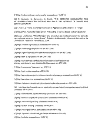 35
[21] http://hydramiddleware.eu/news.php (acessado em 15/12/15)
[22] P. Kostelník, M. Sarnovsky, K. Furdík. “THE SEMANTIC MIDDLEWARE FOR
NETWORKED EMBEDDED SYSTEMS APPLIED IN THE INTERNET OF THINGS AND
SERVICES DOMAIN”
[23] T. Sabol, J. Hreno. “Semantic middleware in Applications of the Internet of Things”.
[24] Claus Pahl. “Semantic Model-Driven Architecting of Service-based Software Systems”.
[25] Lucas Lira Gomes. “WSN Manager: Uma arquitetura de middleware sensível a contexto
para redes de sensores heterogêneas”. Trabalho de Graduação, Centro de Informática da
Universidade Federal de Pernambuco, 2014.
[26] https://nodejs.org/en/about/ (acessado em 19/12/15)
[27] https://iotdb.org/pub/ (acessado em 19/12/15)
[28] https://github.com/dpjanes/iotdb-homestar (acessado em 19/12/15)
[29] http://json-ld.org/ (acessado em 07/01/16)
[30] http://www.service-architecture.com/articles/web-services/service-
oriented_architecture_soa_definition.html (acessado em 07/01/16)
[31] http://zeromq.org/ (acessado em 07/01/16)
[32] http://mqtt.org/ (acessado em 07/01/16)
[33] http://www.digi.com/products/xbee-rf-solutions/gateways (acessado em 08/01/16)
[34] http://www.json.org/ (acessado em 08/01/16)
[35] https://github.com/mqtt/mqtt.github.io/wiki/brokers (acessado em 08/01/16)
[36] http://learning-0mq-with-pyzmq.readthedocs.org/en/latest/pyzmq/patterns/pushpull.html
(acessado em 07/01/16)
[37] http://semanticweb.org/wiki/Ontology (acessado em 09/01/16)
[38] http://www.w3.org/TR/rdf-sparql-query/ (acessado em 09/01/16)
[39] https://www.mongodb.org/ (acessado em 09/01/16)
[40] http://python-eve.org/ (acessado em 09/01/16)
[41] https://www.getpostman.com/ (acessado em 16/01/16)
[42] https://github.com/rkern/line_profiler (acessado em 16/01/16)
[43] http://redis.io/ (acessado em 18/01/16)
 