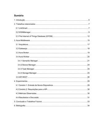 Sumário
1. Introdução..........................................................................................................................5
2. Trabalhos relacionados......................................................................................................7
2.1 LinkSmart.....................................................................................................................7
2.2 WSNManager...............................................................................................................9
2.3 The Internet of Things Database (IOTDB) .................................................................. 12
3. Aura Middleware.............................................................................................................. 15
3.1 Arquitetura.................................................................................................................. 17
3.2 Gateways ................................................................................................................... 18
3.3 Aura Broker................................................................................................................ 19
3.4 Aura Worker ............................................................................................................... 20
3.4.1 Semantic Manager............................................................................................... 21
3.4.2 Device Manager................................................................................................... 24
3.4.3 Task Manager...................................................................................................... 24
3.4.4 Storage Manager ................................................................................................. 25
3.5 API REST................................................................................................................... 26
4. Experimentos................................................................................................................... 29
4.1 Cenário 1: Entrada de Novos Dispositivos.................................................................. 29
4.2 Cenário 2: Requisições para a API............................................................................. 30
4.3 Métricas Observadas.................................................................................................. 30
4.4 Resultados e Discussão............................................................................................. 31
5. Conclusão e Trabalhos Futuros ....................................................................................... 33
6. Bibliografia....................................................................................................................... 34
 