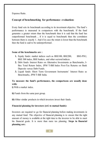 38
Expense Ratio.
Concept of benchmarking for performance evaluation:
Every fund sets its benchmark according to its investment objective. The fund’s
performance is measured in comparison with the benchmark. If the fund
generates a greater return than the benchmark then it is said that the fund has
outperformed benchmark , if it is equal to benchmark then the correlation
between them is exactly 1. And if in case the return is lower than the benchmark
then the fund is said to be underperformed.
Some of the benchmarks are :
1. Equity funds: market indices such as BSE100, BSE200, BSE-PSU,
BSE 500 index, BSE bankex, and other sectoral indices.
2. Debt funds: Interest Rates on Alternative Investments as Benchmarks, I-
Bex Total Return Index, JPM T-Bill Index Post-Tax Returns on Bank
Deposits versus Debt Funds.
3. Liquid funds: Short Term Government Instruments’ Interest Rates as
Benchmarks, JPM T-Bill India.
To measure the fund’s performance, the comparisons are usually done
with:
i) With a market index.
ii) Funds from the same peer group.
iii) Other similar products in which investors invest their funds.
Financial planning for investors (ref. to mutual funds):
Investors are required to go for financial planning before making investments in
any mutual fund. The objective of financial planning is to ensure that the right
amount of money is available at the right time to the investor to be able to meet
his financial goals. It is more than mere tax planning. Steps in financial
planning are:
 