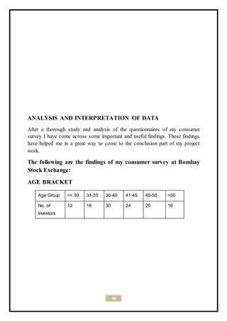 48
ANALYSIS AND INTERPRETATION OF DATA
After a thorough study and analysis of the questionnaires of my consumer
survey I have come across some important and useful findings. These findings
have helped me in a great way to come to the conclusion part of my project
work.
The following are the findings of my consumer survey at Bombay
Stock Exchange:
AGE BRACKET
Age Group <= 30 31-35 36-40 41-45 46-50 >50
No. of 12 18 30 24 20 16
Investors
 