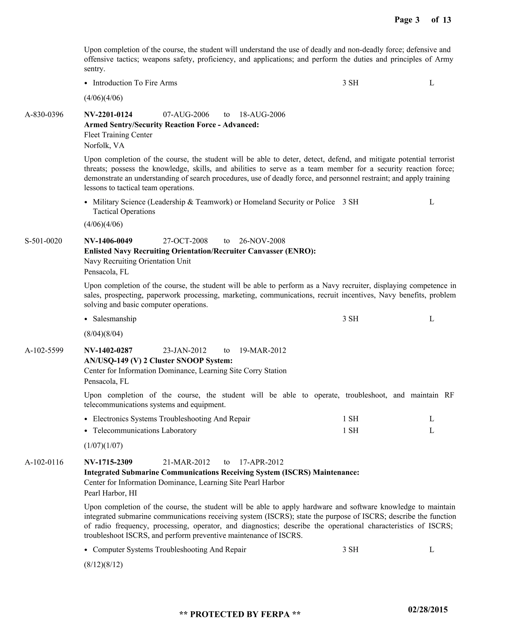 Page of3
02/28/2015
** PROTECTED BY FERPA **
13
Armed Sentry/Security Reaction Force - Advanced:
Enlisted Navy Recruiting Orientation/Recruiter Canvasser (ENRO):
AN/USQ-149 (V) 2 Cluster SNOOP System:
Integrated Submarine Communications Receiving System (ISCRS) Maintenance:
NV-2201-0124
NV-1406-0049
NV-1402-0287
NV-1715-2309
07-AUG-2006
27-OCT-2008
23-JAN-2012
21-MAR-2012
18-AUG-2006
26-NOV-2008
19-MAR-2012
17-APR-2012
Upon completion of the course, the student will understand the use of deadly and non-deadly force; defensive and
offensive tactics; weapons safety, proficiency, and applications; and perform the duties and principles of Army
sentry.
Upon completion of the course, the student will be able to deter, detect, defend, and mitigate potential terrorist
threats; possess the knowledge, skills, and abilities to serve as a team member for a security reaction force;
demonstrate an understanding of search procedures, use of deadly force, and personnel restraint; and apply training
lessons to tactical team operations.
Upon completion of the course, the student will be able to perform as a Navy recruiter, displaying competence in
sales, prospecting, paperwork processing, marketing, communications, recruit incentives, Navy benefits, problem
solving and basic computer operations.
Upon completion of the course, the student will be able to operate, troubleshoot, and maintain RF
telecommunications systems and equipment.
Upon completion of the course, the student will be able to apply hardware and software knowledge to maintain
integrated submarine communications receiving system (ISCRS); state the purpose of ISCRS; describe the function
of radio frequency, processing, operator, and diagnostics; describe the operational characteristics of ISCRS;
troubleshoot ISCRS, and perform preventive maintenance of ISCRS.
A-830-0396
S-501-0020
A-102-5599
A-102-0116
Fleet Training Center
Navy Recruiting Orientation Unit
Center for Information Dominance, Learning Site Corry Station
Center for Information Dominance, Learning Site Pearl Harbor
Norfolk, VA
Pensacola, FL
Pensacola, FL
Pearl Harbor, HI
Introduction To Fire Arms
Military Science (Leadership & Teamwork) or Homeland Security or Police
Tactical Operations
Salesmanship
Electronics Systems Troubleshooting And Repair
Telecommunications Laboratory
Computer Systems Troubleshooting And Repair
3 SH
3 SH
3 SH
1 SH
1 SH
3 SH
L
L
L
L
L
L
(4/06)(4/06)
(4/06)(4/06)
(8/04)(8/04)
(1/07)(1/07)
(8/12)(8/12)
to
to
to
to
 